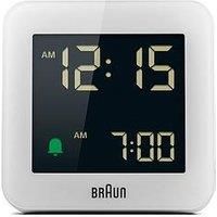 Braun digital alarm clock with snooze, negative LCD display, quick set, crescendo beep alarm in white, model BC09W
