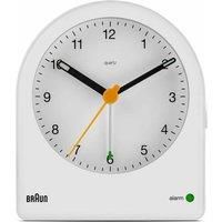Braun classic analogue alarm clock with snooze and continuous backlight, quiet quartz movement, crescendo beep alarm in white, model BC22W