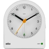 Braun classic analogue alarm clock with snooze and continuous backlight, quiet quartz movement, crescendo beep alarm in white, model BC22W