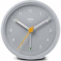 Braun Classic Analogue Alarm Clock with Snooze and Light, Quiet Quartz Movement, Crescendo Beep Alarm in Grey, model BC12G.