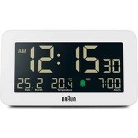 Braun Digital Alarm Clock with Date, Month and Temperature Displayed, Negative LCD Display, Quick Set, Crescendo Beep Alarm in White, model BC10W.