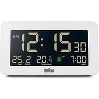 Braun Digital Alarm Clock with Date, Month and Temperature Displayed, Negative LCD Display, Quick Set, Crescendo Beep Alarm in White, model BC10W.