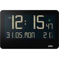 Braun Digital Wall Clock with Indoor Temperature, Date, Day of the Week, Large Reverse LCD Display, Quick Set, Beep Alarm in Black, model BC14B.