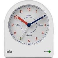 Braun Analogue Time Teacher Alarm Clock with Snooze and Continuous Backlight, Quiet Quartz Movement, Easy to Read Dial, Crescendo Beep Alarm in White, model BC22TW.