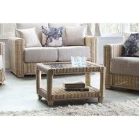 Desser Burford Coffee Table with Storage Shelf – Glass Top Table with Natural Wicker Cane Frame – Luxury Indoor Conservatory or Living Room Furniture - H47cm x W75cm x D60cm