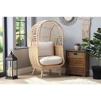 Desser Cocoon Cane Chair – Fully Assembled Natural Rattan Indoor Wicker Floor Standing Hanging Style Seat with UK Made Cushions in Smooth Beige Fabric – H152cm x W83cm x D83cm