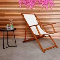 Charles Bentley Folding FSC Eucalyptus Wooden Deck Chair Beach Sun Lounger Traditional Cream