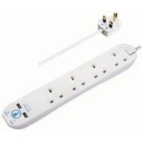 Masterplug Four Socket Surge Protected Extension Lead with Two USB Charging Ports, 2 Metres, 31.5 x 5.5 x 3 cm, White