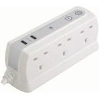 Masterplug 1M 6Gang Compact Surge Protected Extension Lead with 2x2.1A USB-White