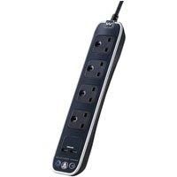 Masterplug 13 A 1 m 2x USB 4 Gang Surge Extension Lead - Black