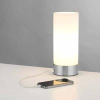 Milo Lighting Dara USB Table Lamp 24cm, Brushed Nickel and Matt Opal Glass Shade