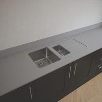 Metis Light Solid Surface Worktop with 1.5 Bowl Stainless Steel Sink 3050 x 620 x 15mm in Grey Composite