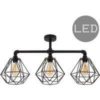 MiniSun Industrial Steampunk Style Satin Black 3 Way Bar Pipework Ceiling Light with Basket Cage Design Black Metal Shades - Complete with 4w LED Filament Bulbs [2700K Warm White]