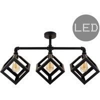 MiniSun Industrial Steampunk Style Satin Black 3 Way Bar Pipework Ceiling Light with Puzzle Cube Design Black Metal Shades - Complete with 4w LED Filament Bulbs [2700K Warm White]