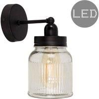 Industrial Satin Black Wall Light & Clear Glass Ribbed Pattern Jar Shade  Add LED Bulb