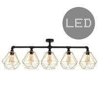 5 Way Black Ceiling Light Fitting Metal Bar Cage Pendant Shades LED Light Bulb