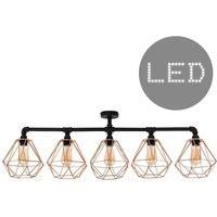 5 Way Satin Black Pipework Bar Ceiling Light with Copper Basket Cage Shades - With LED Filament Bulbs In Warm White