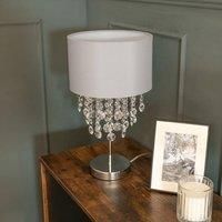 Grey Fabric Table Lamp Acrylic Jewel Bead Droplets Bedside Living Room Light
