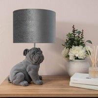 Grey Velvet Bulldog Table Lamp Dog Light Bedroom Living Room Lighting LED Bulb