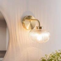 Brushed Gold Wall Light Fitting IP44 Bathroom Lights Clear Ribbed Glass Shade