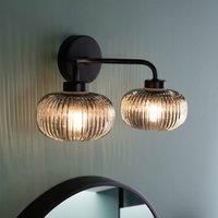 Matt Black Wall Light Fitting 2 Way Smoked Ribbed Shades Bathroom IP44 LED Bulbs