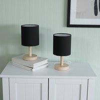 ValueLights | Natural Wood Base Table Lamps with Black Cylinder Fabric Lampshade | Table Lamps, Home Décor & Improvement Essential | Pair of 2