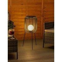 Solar Outdoor Black Squat Tripod Lamp Rattan Globe Bulb Garden Patio LED Lights