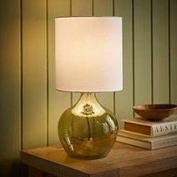 ValueLights | Emily Natural Linen Drum Shade Dark Green Glass Teardrop Table Lamp | Table Lamps, Home Décor & Improvement Essential