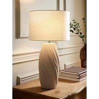 Lydia Tall Swirl Matte Ceramic Natural Table Lamp Linen Drum Shade Lounge Light