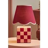 Cube Table Lamp Light Burgundy Ceramic Checkerboard Base Scallop Shade Bedoom