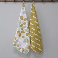 Tea Towel Set of 2 Pack Dish Towels Cotton Kitchen Home Printed Fox Yellow Leaf