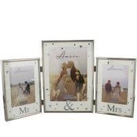 Amore Silver Plated Mr and Mrs Photo Frame Crystal Heart 3 Pictures Wedding Gift