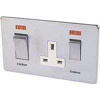 Crabtree Platinum 45 A & 13A 2-Gang DP Cooker Switch & 13A DP Switched Socket Satin Chrome with Neon with White Inserts (25261)