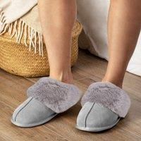 Isotoner Ladies Real Suede Mule with Fur Cuff Grey