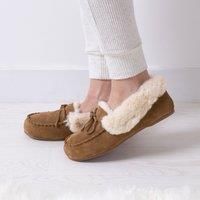 Isotoner Ladies Genuine Suede Moccasin with Faux Fur Lining Tan