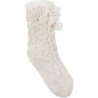 Totes Totes Toasties Ladies Luxury Chunky Knit Slipper-Sox With Tassel Trim - Cream