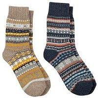 Totes Toasties Mens Wool Blend Fair Isle Slippers Sock Twin Pack - Multi