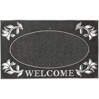 JVL Welcome Metallic Look Rectangular Floral Hard Wearing PVC Entrance Floor Door Mat, Silver/Black, 45 x 75 cm