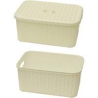 JVL Knit Design Loop Plastic Lidded Rectangular Storage Basket with Handles, Ivory, 20 x 28.5 x 12.5 cm, 6 Litres