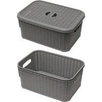 JVL 13-356GY Knit Design Loop Plastic Lidded Rectangular Storage Basket with Handles, Grey, 20 x 28.5 x 12.5 cm, 6 Litres