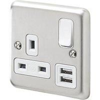MK Contoura 13A 1-Gang DP Switched Socket + 2A 2-Outlet Type A USB Charger Brushed Stainless Steel with White Inserts (843RG)