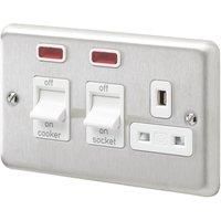 MK Contoura 45A 2-Gang DP Cooker Switch & 13A DP Switched Socket Brushed Stainless Steel with Neon with White Inserts (544RG)