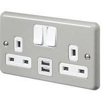 MK Contoura 13A 2-Gang DP Switched Socket + 2A 2-Outlet Type A USB Charger Grey with White Inserts (693RG)