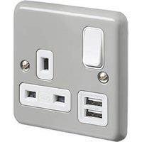 MK Contoura 13A 1-Gang DP Switched Socket + 2A 2-Outlet Type A USB Charger Grey with White Inserts (719RG)