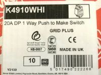 MK ELECTRIC K4910 White 20 Amp, 1 Way Grid Switch DP Retractive like a bell push