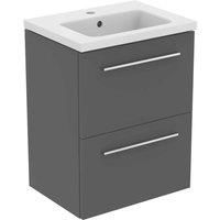 Ideal Standard I.life S 50Cm Matt Quartz Grey 2 Drawer Vanity Unit, 51Cm Vanity Basin And Chrome Handle Pack