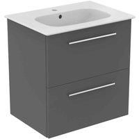 Ideal Standard I.life A 60Cm Matt Quartz Grey Wall Hung Vanity Unit, 64Cm White Vanity Basin And Chrome Handle Pack