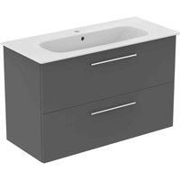 Ideal Standard I.life A 100Cm Matt Quartz Grey Wall Hung Vanity Unit, 104Cm White Vanity Basin And Chrome Handle Pack