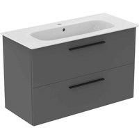 Ideal Standard I.life A 100Cm Matt Quartz Grey Wall Hung Vanity Unit, 104Cm White Vanity Basin And Black Handle Pack