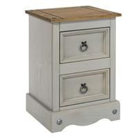 Corona 2 Drawer Petite Distressed Waxed Pine Finish Bedside Cabinet, Metal, Grey, W360 x D320 x H531mm